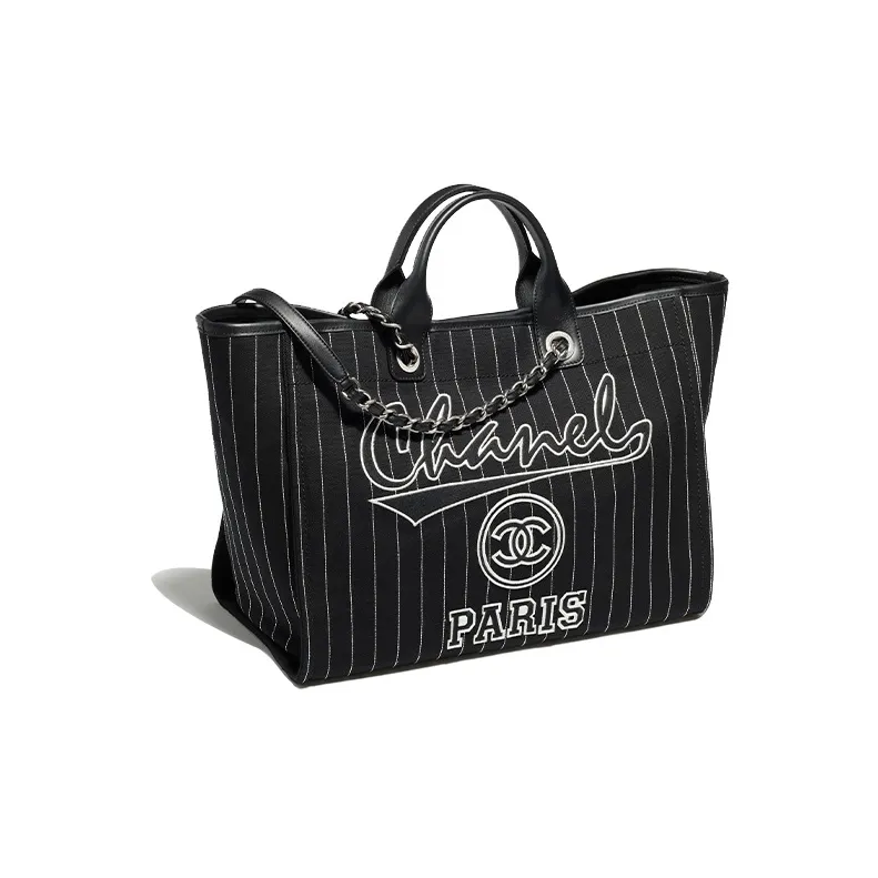 CHANEL Cotton With Calfskin Tote Bag, Shopping Bag, Handbag Tubas Women's Black/White-1