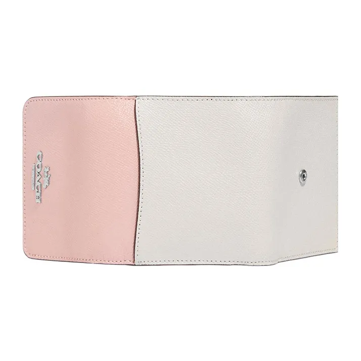 COACH Trifold Wallet Cross-Stitch Leather Card Holder Wallet Women's Pink & White-1