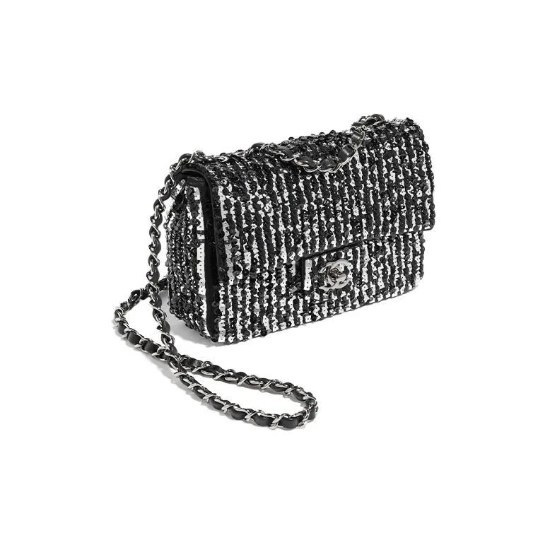 CHANEL Sequins Flap Bag, Crossbody Bag, Shoulder Bag Women's Black & Silver-1