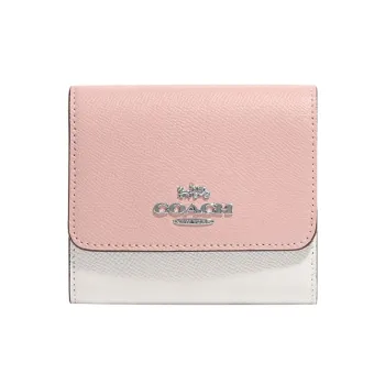 COACH Trifold Wallet Cross-Stitch Leather Card Holder Wallet Women's Pink & White