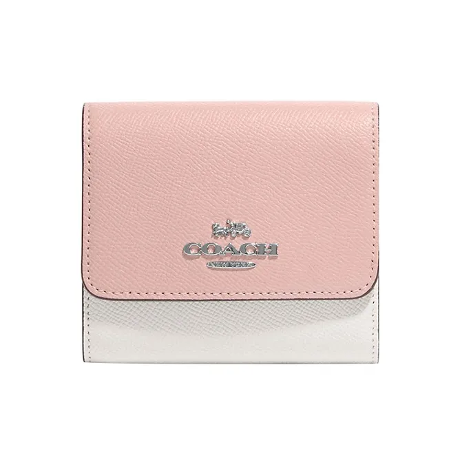 COACH Trifold Wallet Cross-Stitch Leather Card Holder Wallet Women's Pink & White-0