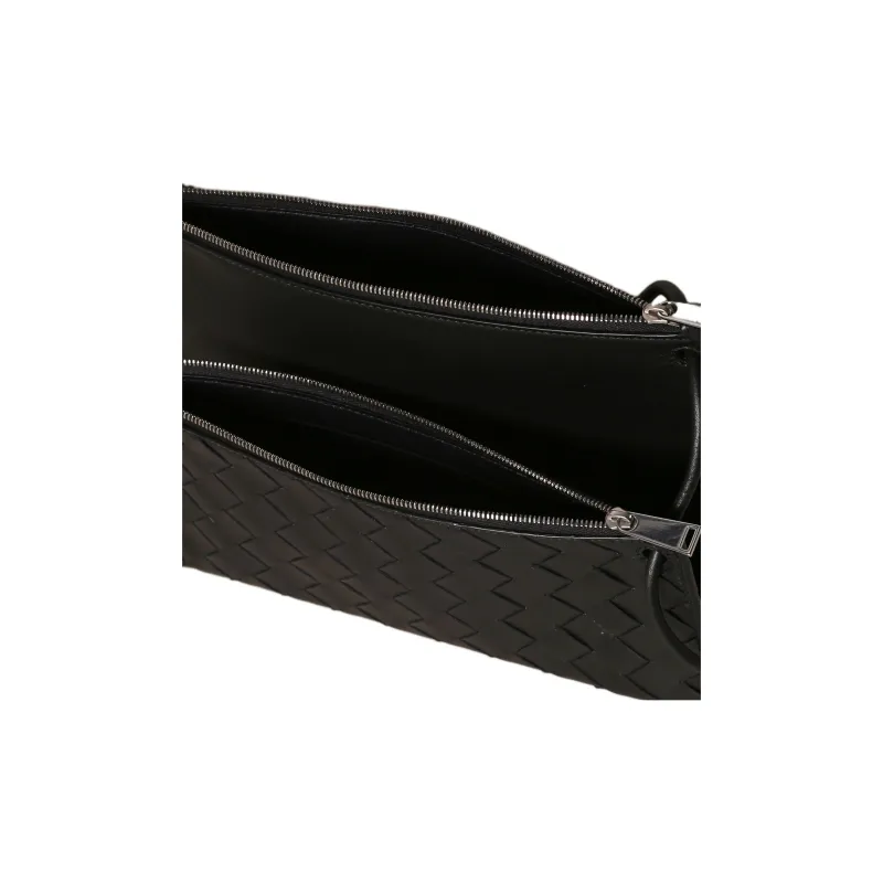 Bottega Veneta 2 Compartment Woven Leather Clutch Black-2