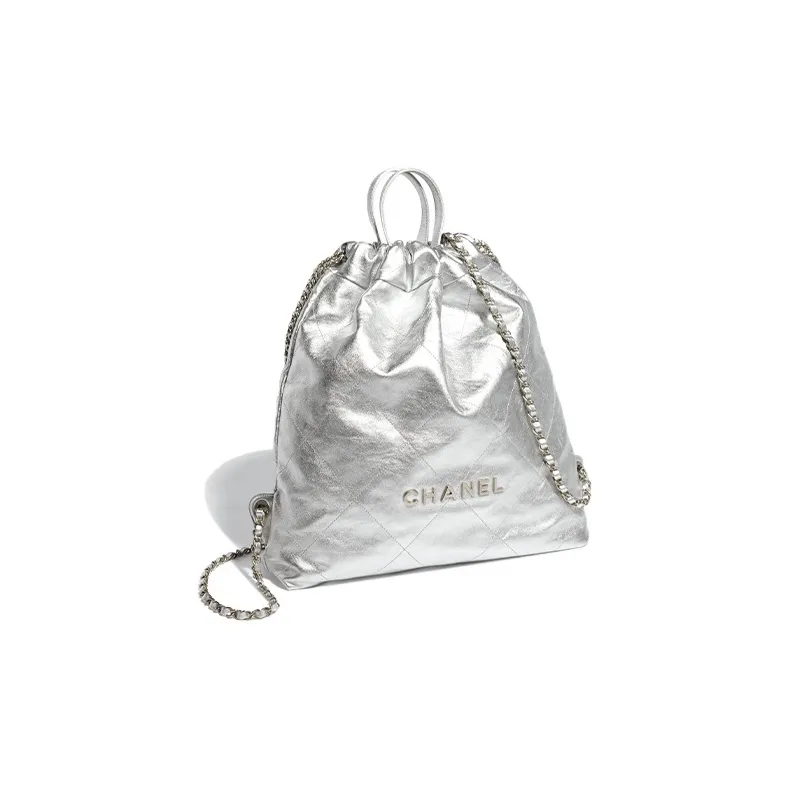 CHANEL Shiny Calfskin Backpack Tubas Women's Silver-2