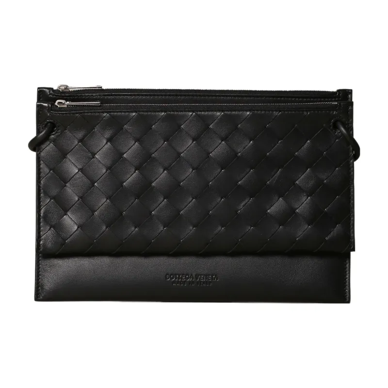 Bottega Veneta 2 Compartment Woven Leather Clutch Black-0
