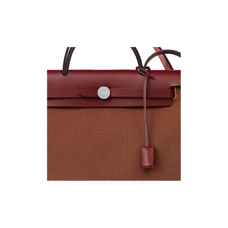 HERMES Herbag Zip Cowhide Patchwork Canvas Handbag Shoulder Bag Crossbody Bag Women's Burgundy/Dark Brown-4