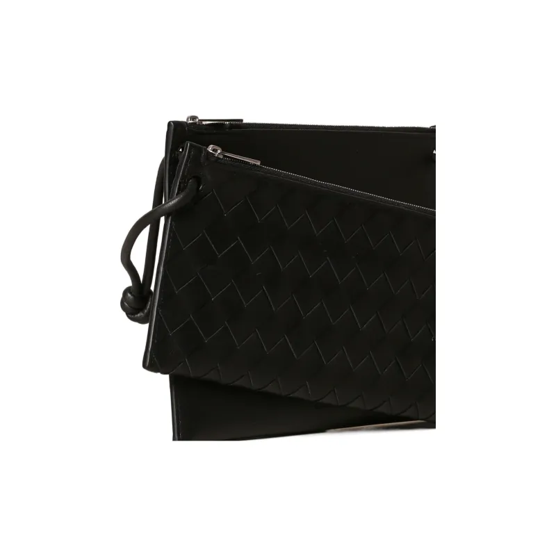 Bottega Veneta 2 Compartment Woven Leather Clutch Black-3