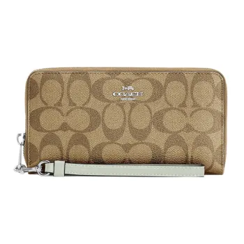COACH Zip Around Coated Canvas With Leather Card Holder, Wallet Regular Women's Light Khaki