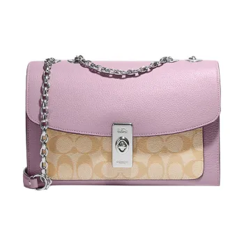 COACH Lane Coated Canvas With Pebbled Leather Portable Crossbody Bag Shoulder Bag Women's Khaki Monogram & Pink