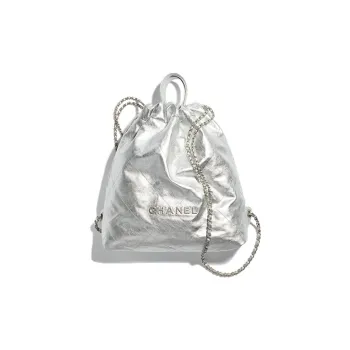 CHANEL Shiny Calfskin Backpack Tubas Women's Silver