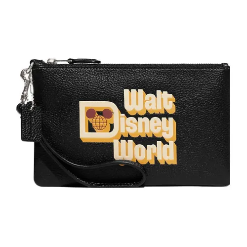 COACH Disney Collaboration Wristlet Pebbled Leather Wrist Bags Clutches Small Size Women's Black
