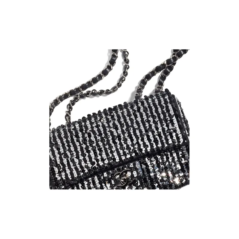 CHANEL Sequins Flap Bag, Crossbody Bag, Shoulder Bag Women's Black & Silver-3