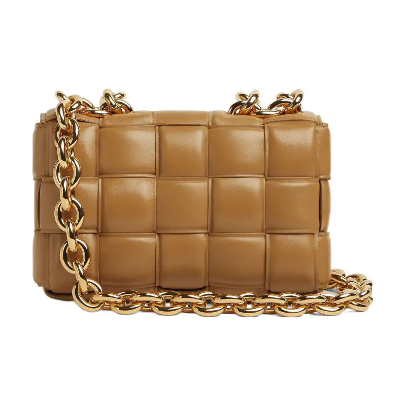 Bottega Veneta Chain Cassette Padded Intreccio Shoulder Bag Caramel-2