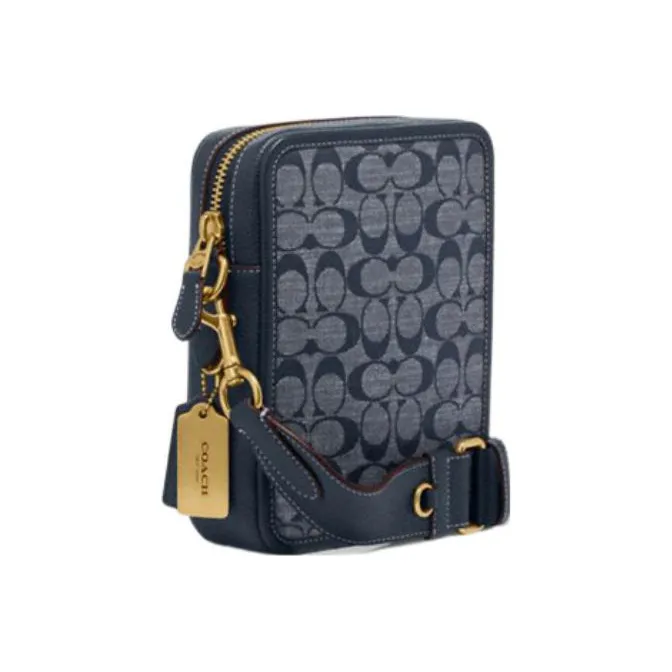 COACH Sullivan Jacquard Fabric With Cow Leather Patchwork Shoulder Bag Crossbody Bag Small Size Men's Denim-2