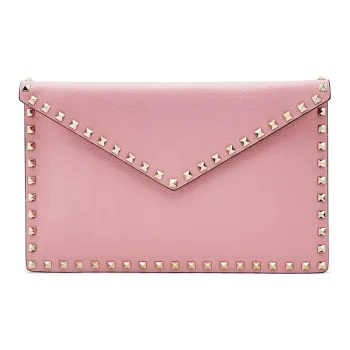 Valentino ROCKSTUD Grained Cow Leather Clutch Women's Pink