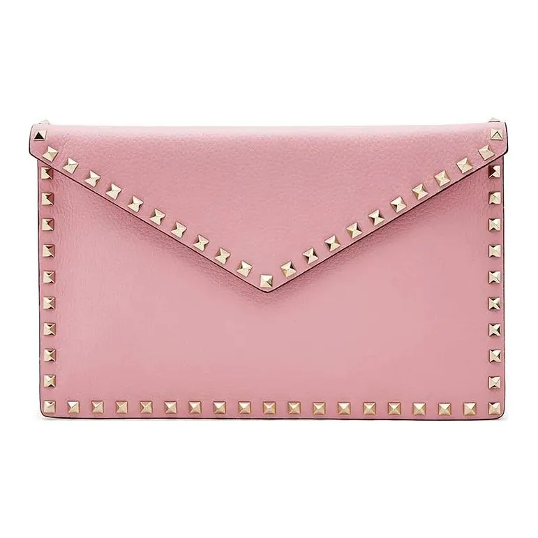Valentino ROCKSTUD Grained Cow Leather Clutch Women's Pink-0