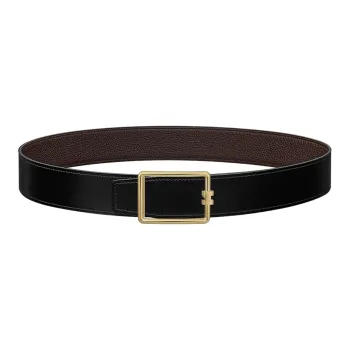 HERMES Tube H Calfskin Double Sided Leather Belts Men's Black Width 3.8cm