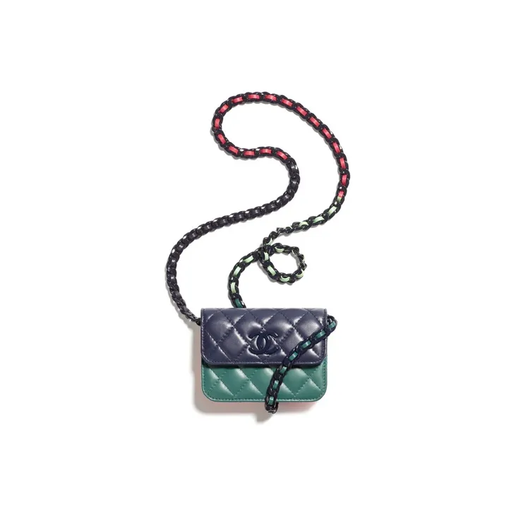 CHANEL Shiny Lambskin & Jacquard Metal One Shoulder Crossbody Clutch Women's Dark Blue & Dark Pink & Light Green-0