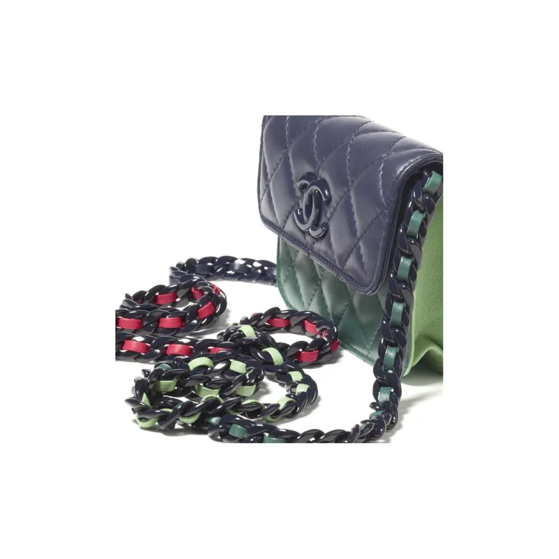 CHANEL Shiny Lambskin & Jacquard Metal One Shoulder Crossbody Clutch Women's Dark Blue & Dark Pink & Light Green-3