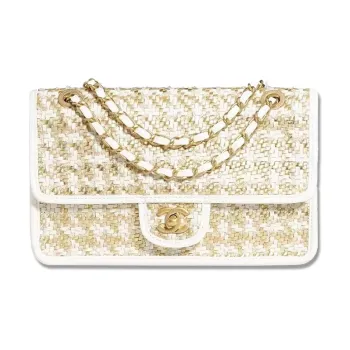CHANEL 23C Early Spring Lambskin Flap Bag, Crossbody Bag, Shoulder Bag Medium Size Women's Gold & White