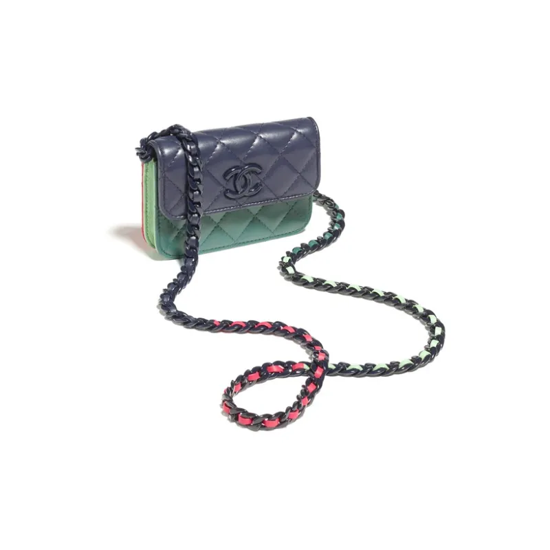 CHANEL Shiny Lambskin & Jacquard Metal One Shoulder Crossbody Clutch Women's Dark Blue & Dark Pink & Light Green-1