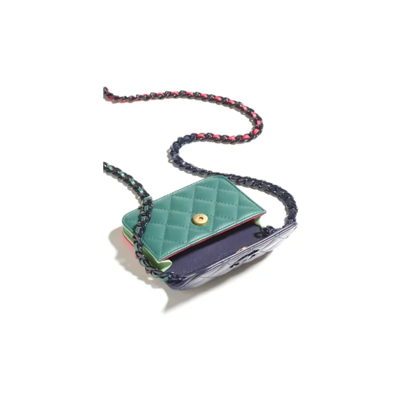 CHANEL Shiny Lambskin & Jacquard Metal One Shoulder Crossbody Clutch Women's Dark Blue & Dark Pink & Light Green-2
