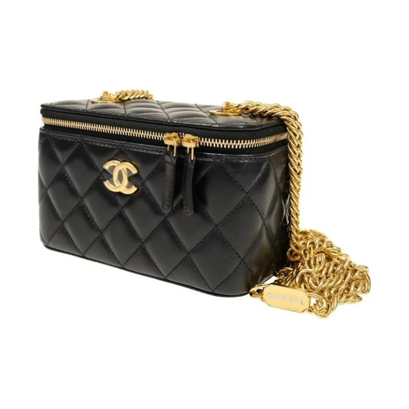 CHANEL Lambskin Makeup Bags Box Bag Shoulder Bag Crossbody Bag Small Size Women's Black-1