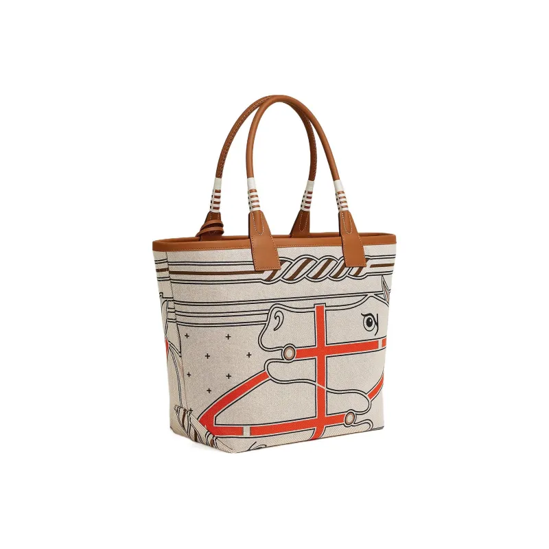 HERMES Steeple Canvas With Swift Leather Canvas Bag, Handbag Women's Greige-2