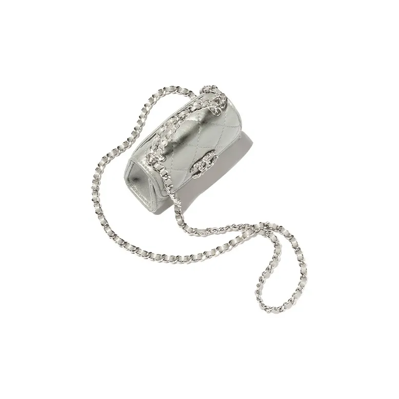 CHANEL Metal Texture Sheepskin One Shoulder Crossbody Clutch Women's Silver-2