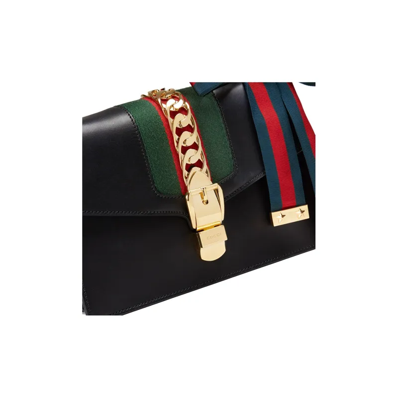 GUCCI Sylvie Leather Handbag, Crossbody Bag, Shoulder Bag Trumpets Women's Black-6