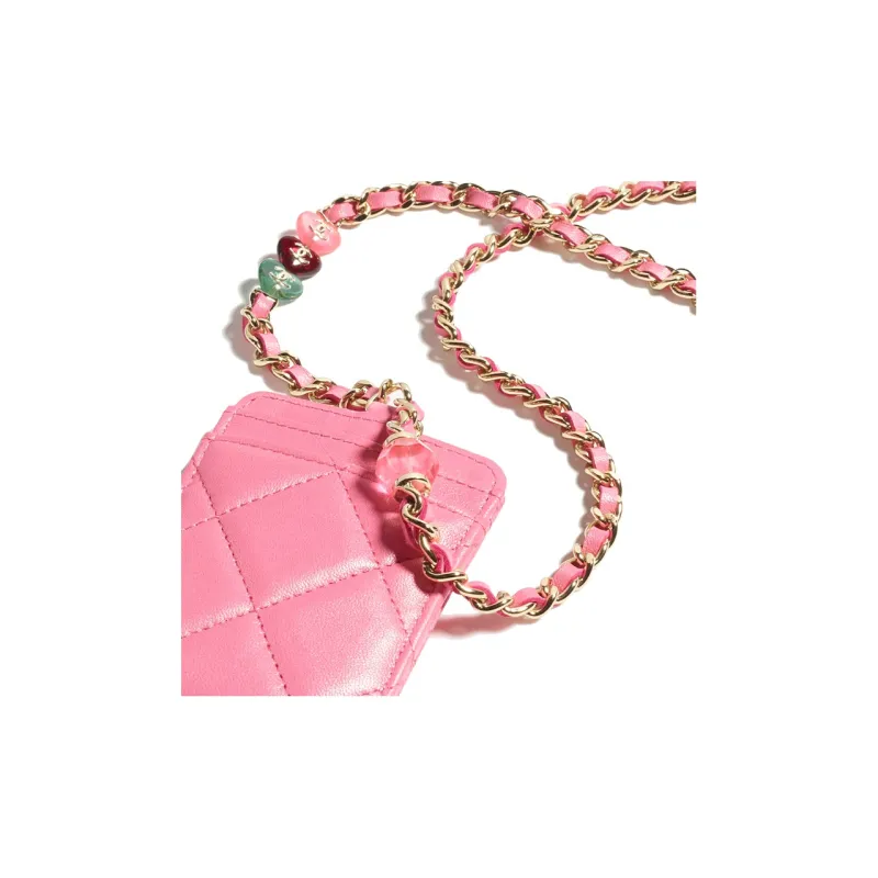 CHANEL Satin Lambskin Card Holder Women's Pink-3