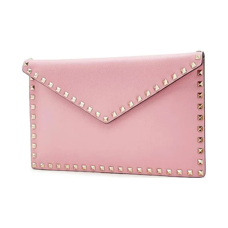 Valentino ROCKSTUD Grained Cow Leather Clutch Women's Pink-1