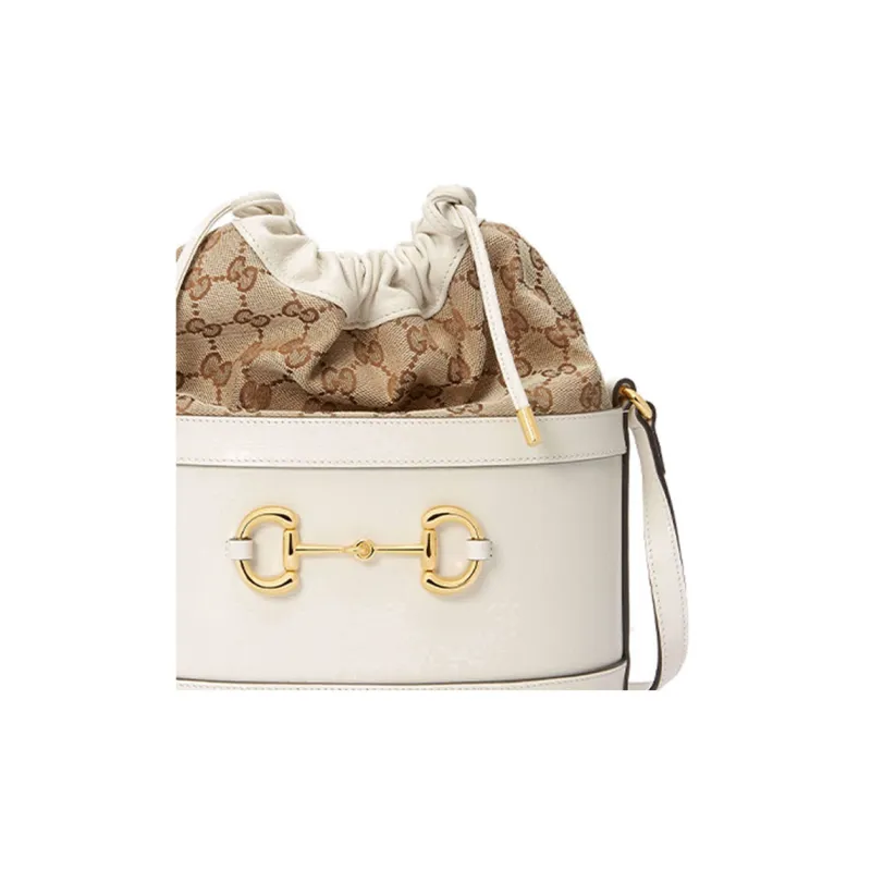 GUCCI Horsebit 1955 Canvas With Leather Bucket Bag, Portable Crossbody Bag, Shoulder Bag Women's White-7