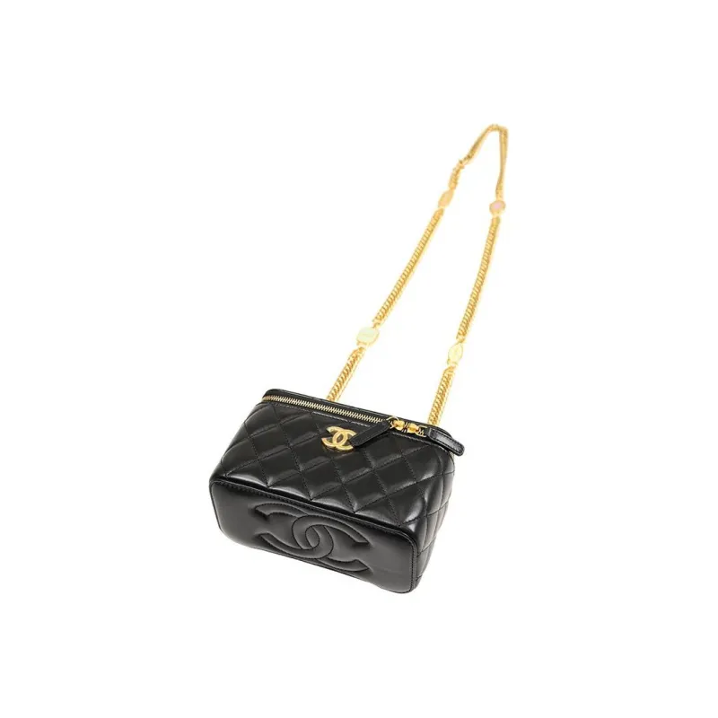 CHANEL Lambskin Makeup Bags Box Bag Shoulder Bag Crossbody Bag Small Size Women's Black-3