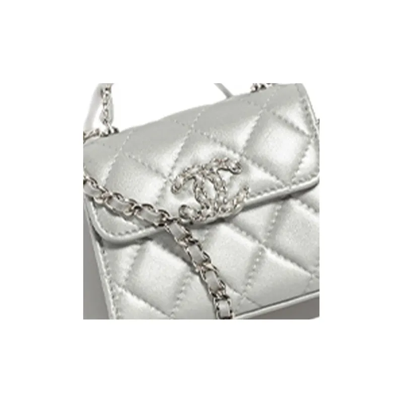 CHANEL Metal Texture Sheepskin One Shoulder Crossbody Clutch Women's Silver-4