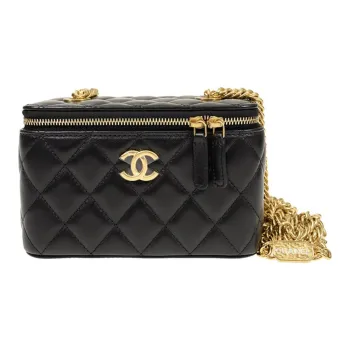 CHANEL Lambskin Makeup Bags Box Bag Shoulder Bag Crossbody Bag Small Size Women's Black