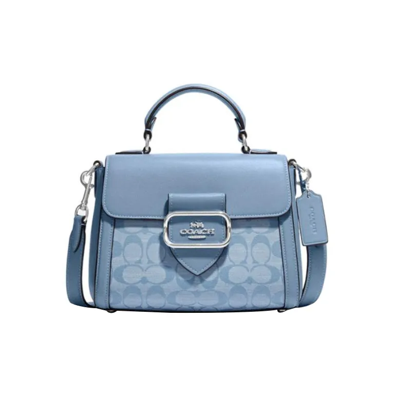 COACH Morgan Chambray Fabric With Cow Leather Handbag, Shoulder Bag, Crossbody Bag Trumpets Women's Light Blue-0