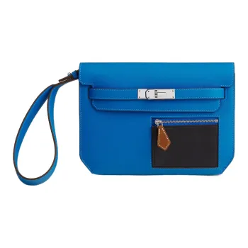 HERMES Kelly Depeches Colormatic Cow Leather Clutch Men's Mermaid Blue/Black/Light Tawny