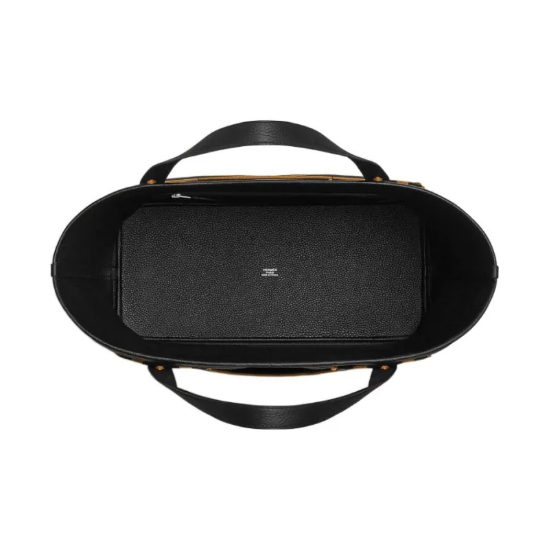 HERMES Pursangle Canvas With Taurillon Clemence Leather Tote Bag Shopping Bag Canvas Bag Handbags Women's Black/Caramel-2