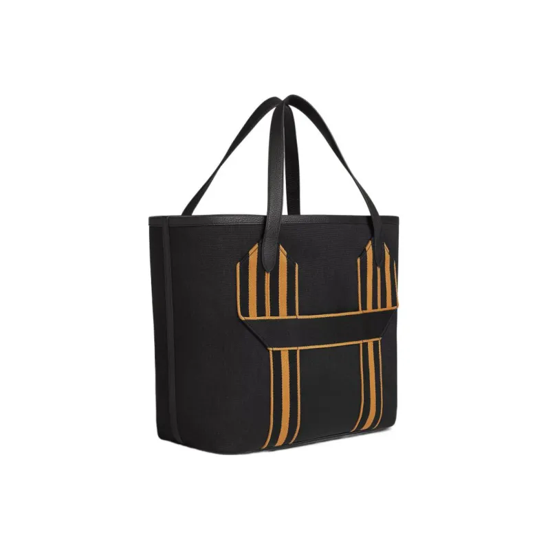 HERMES Pursangle Canvas With Taurillon Clemence Leather Tote Bag Shopping Bag Canvas Bag Handbags Women's Black/Caramel-1