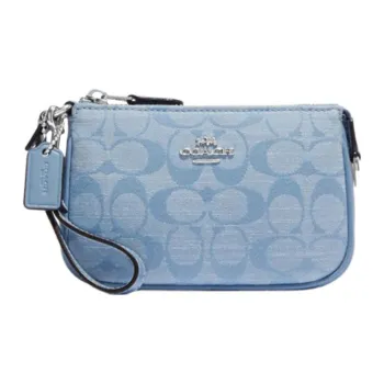 COACH Nolita Jacquard Fabric Bonded Cow Split Leather Chambray Portable Clutch Mini Women's Light Blue