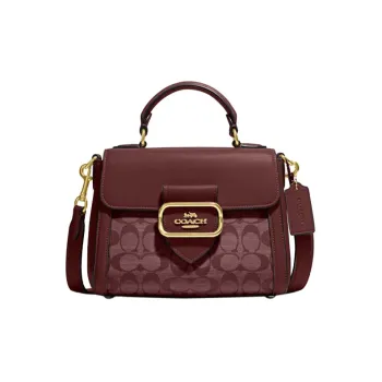 COACH Morgan Fabric Cow Leather Patchwork Handbags Shoulder Bag Crossbody Bag Small Size Women's Burgundy