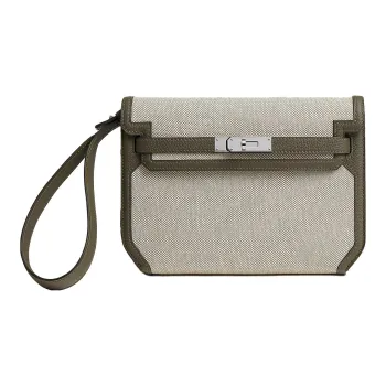 HERMES Kelly Depeches H Canvas With Togo Calfskin Canvas Bag Clutches Men's Light Beige/Apricot Green/Verona Green