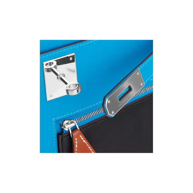 HERMES Kelly Depeches Colormatic Cow Leather Clutch Men's Mermaid Blue/Black/Light Tawny-2