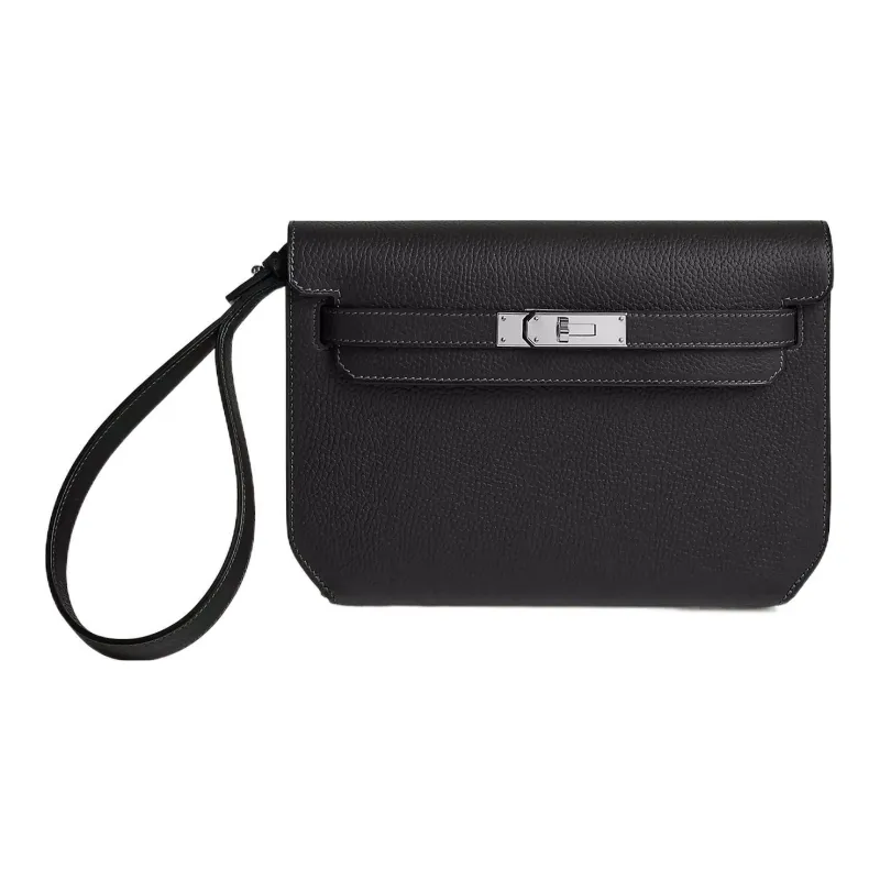 HERMES Kelly Depeches Galop D Cow Leather Clutch Men's Noir Black-0