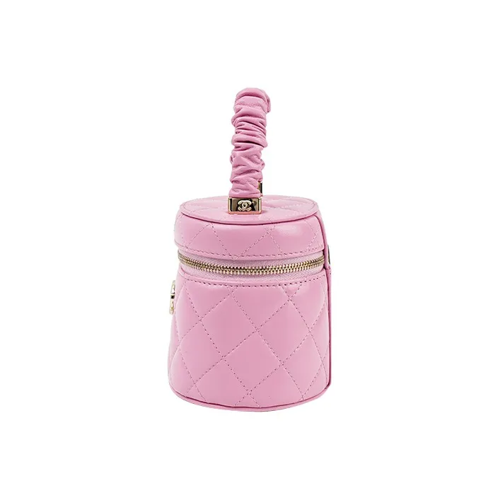 CHANEL Lambskin Cylinder Bag Handbag Makeup Bag Small Size Women's Pink-2