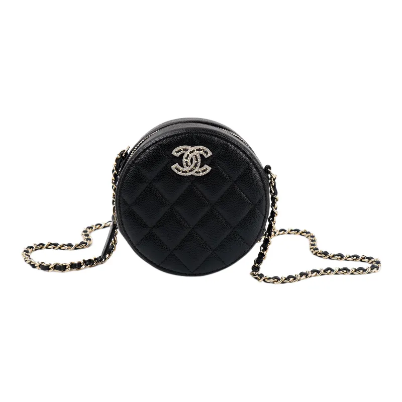 CHANEL 22SS Shiny Calfskin Small Round Bag, Handheld Shoulder Bag, Crossbody Bag Women's Black-1