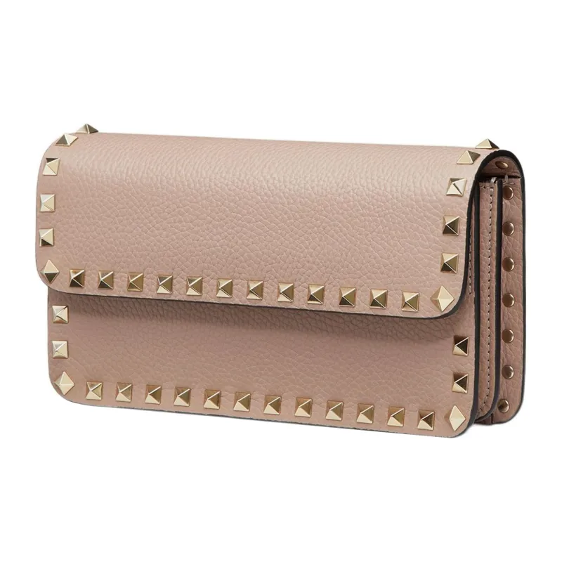 Valentino Rockstud Grained Calfskin Messenger Bag Shoulder Bag Crossbody Bag Clutches Small Size Women's Pink-1