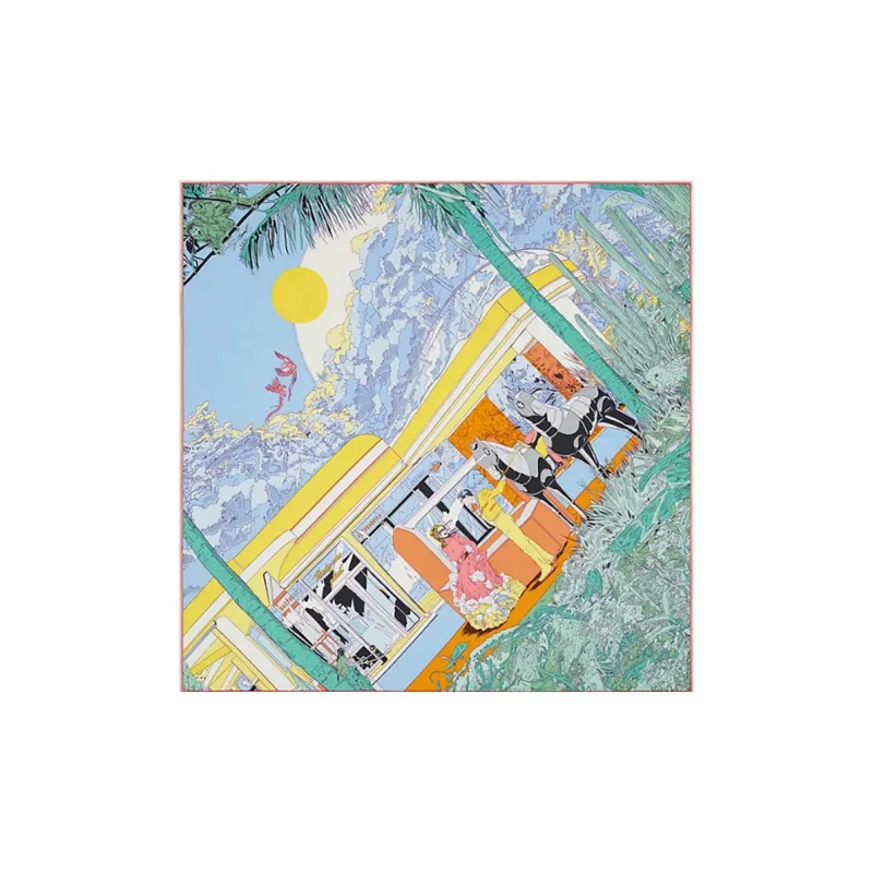 HERMES Silk Scarves Women's Blue/Green/Bright Yellow-0