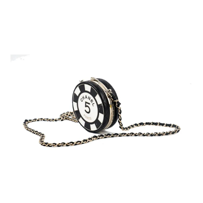 CHANEL Lambskin Poker Chip Bag, One Shoulder Crossbody Clutch Regular Women's Black/White-1