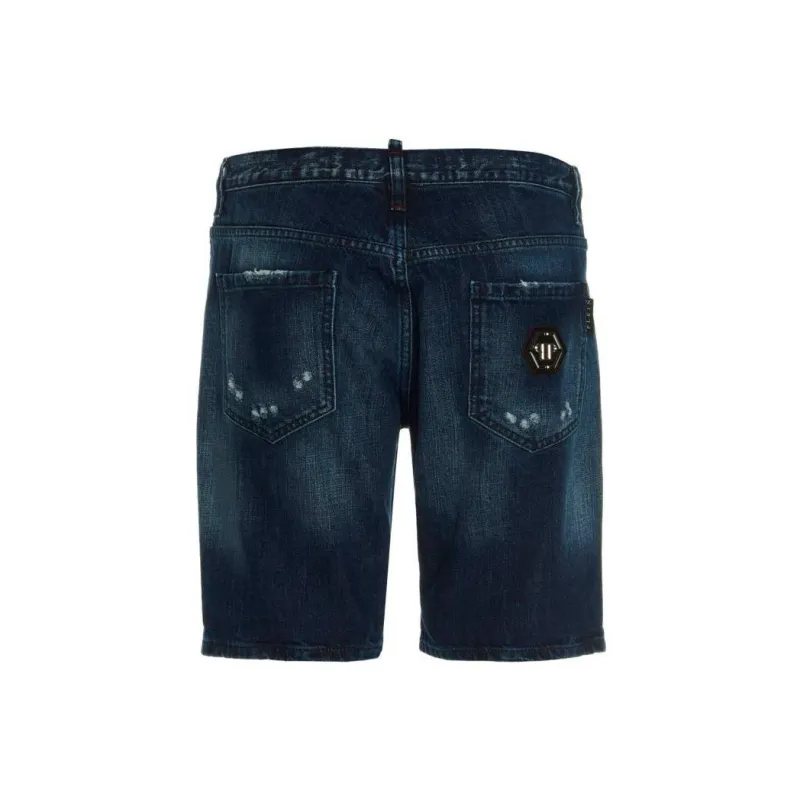 PHILIPP PLEIN Distressed Above Knee Length Denim Shorts-1